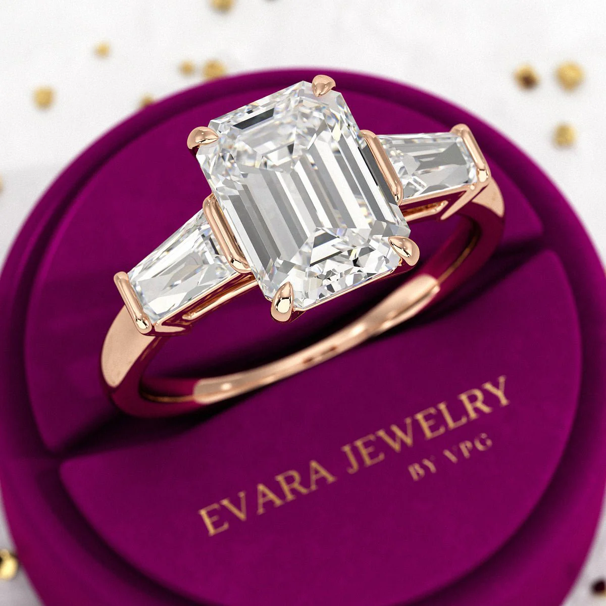 3 Carat Emerald Cut Lab Grown Diamond Three Stone Ring - Image 10