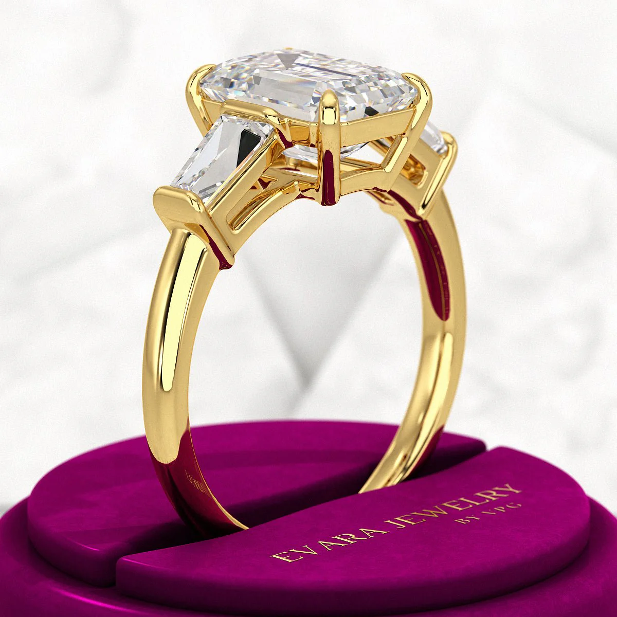 3 Carat Emerald Cut Lab Grown Diamond Three Stone Ring - Image 4