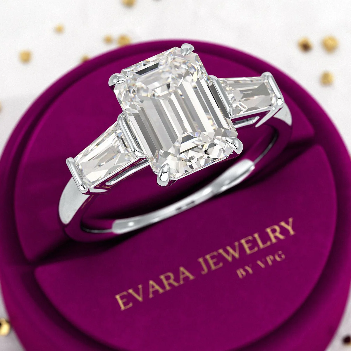 3 Carat Emerald Cut Lab Grown Diamond Three Stone Ring - Image 9