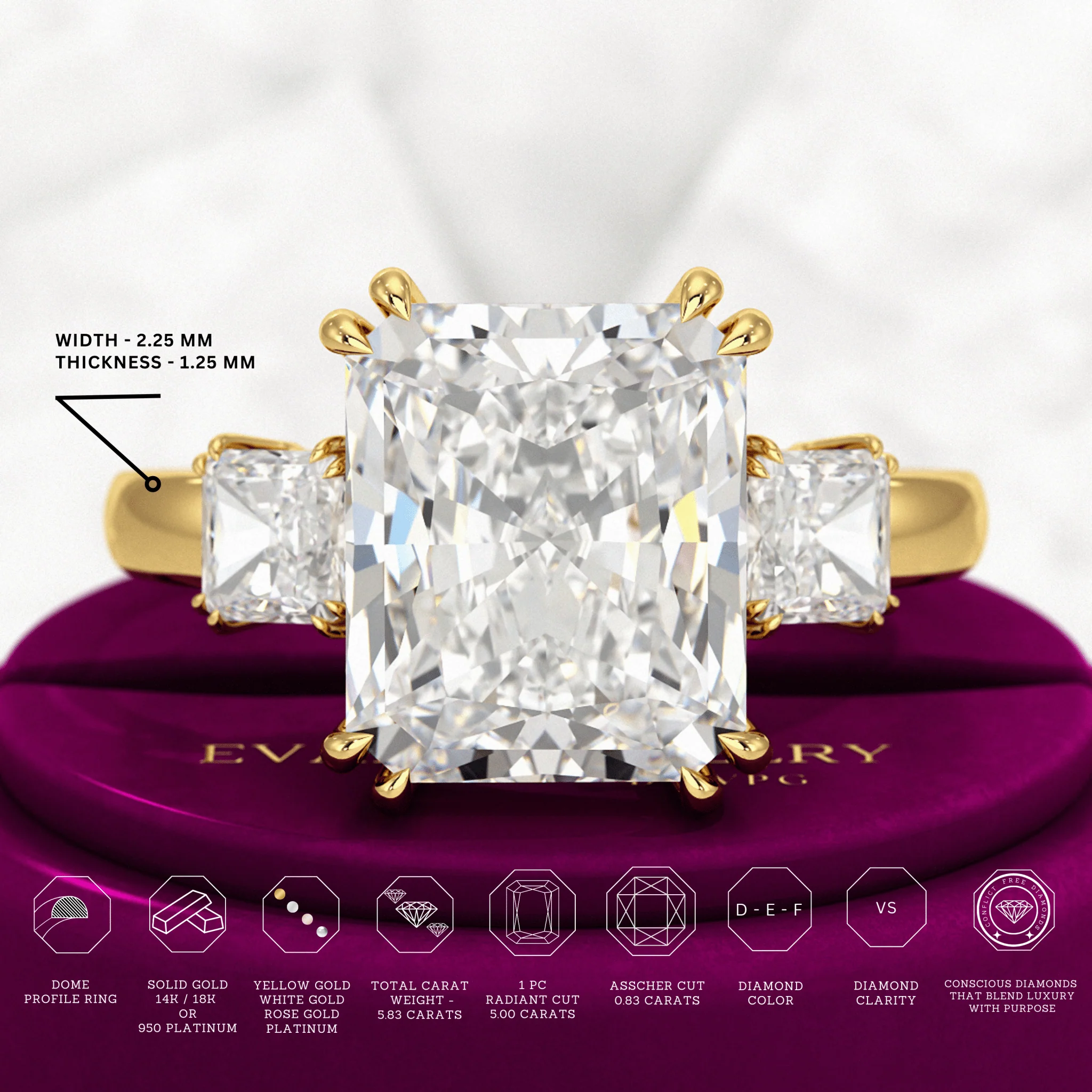 5 Carat Radiant Cut Three Stone Lab Grown Diamond V Prong Engagement Ring - Image 3
