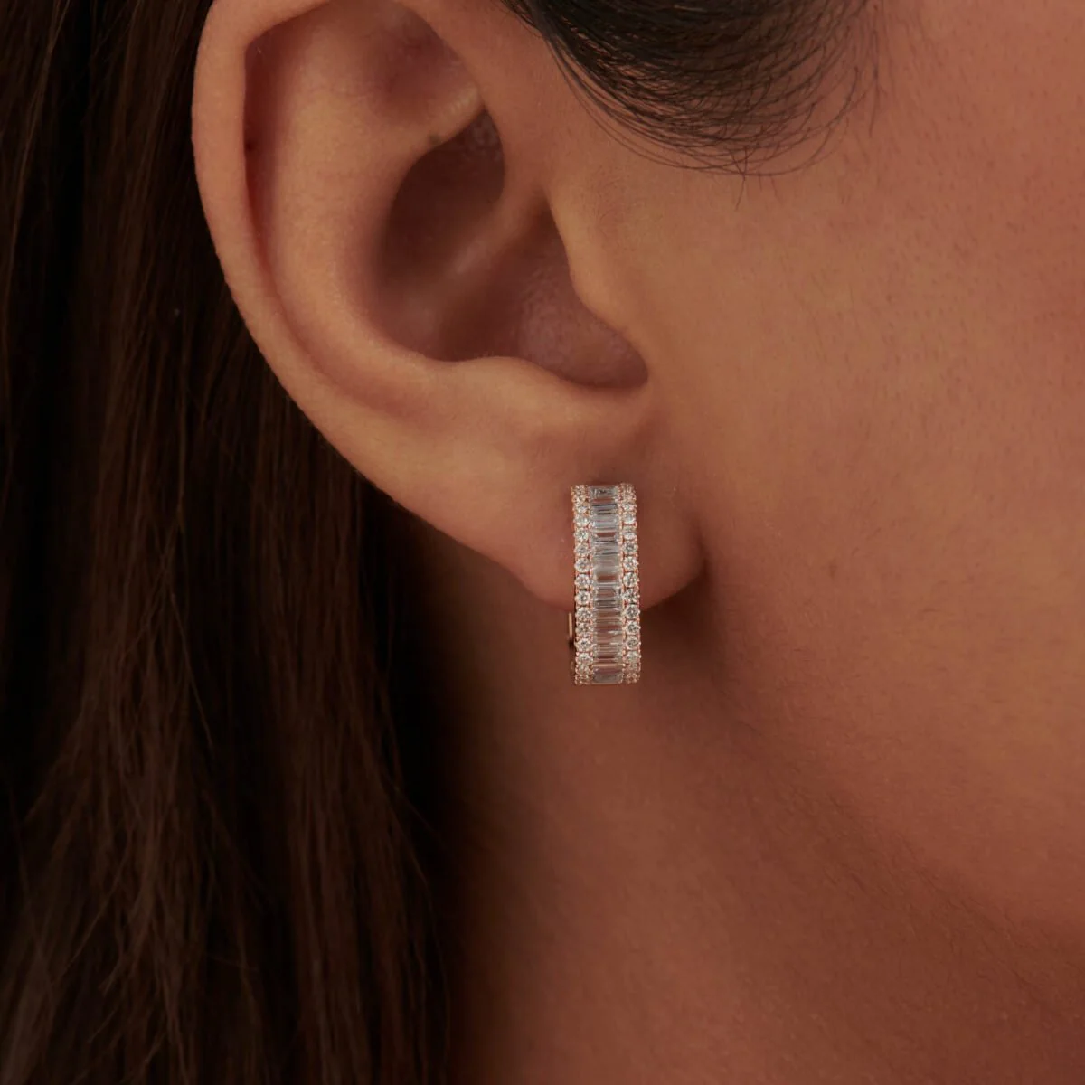 Baguette & Round Diamond Cushion Earrings – 14K/18K Gold Lab Grown Diamond Hoops Earrings