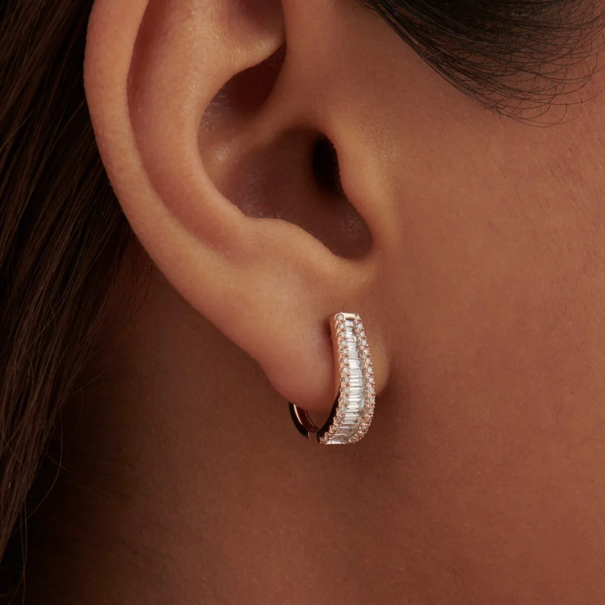 Baguette & Round Diamond Tapered Hoops Earrings