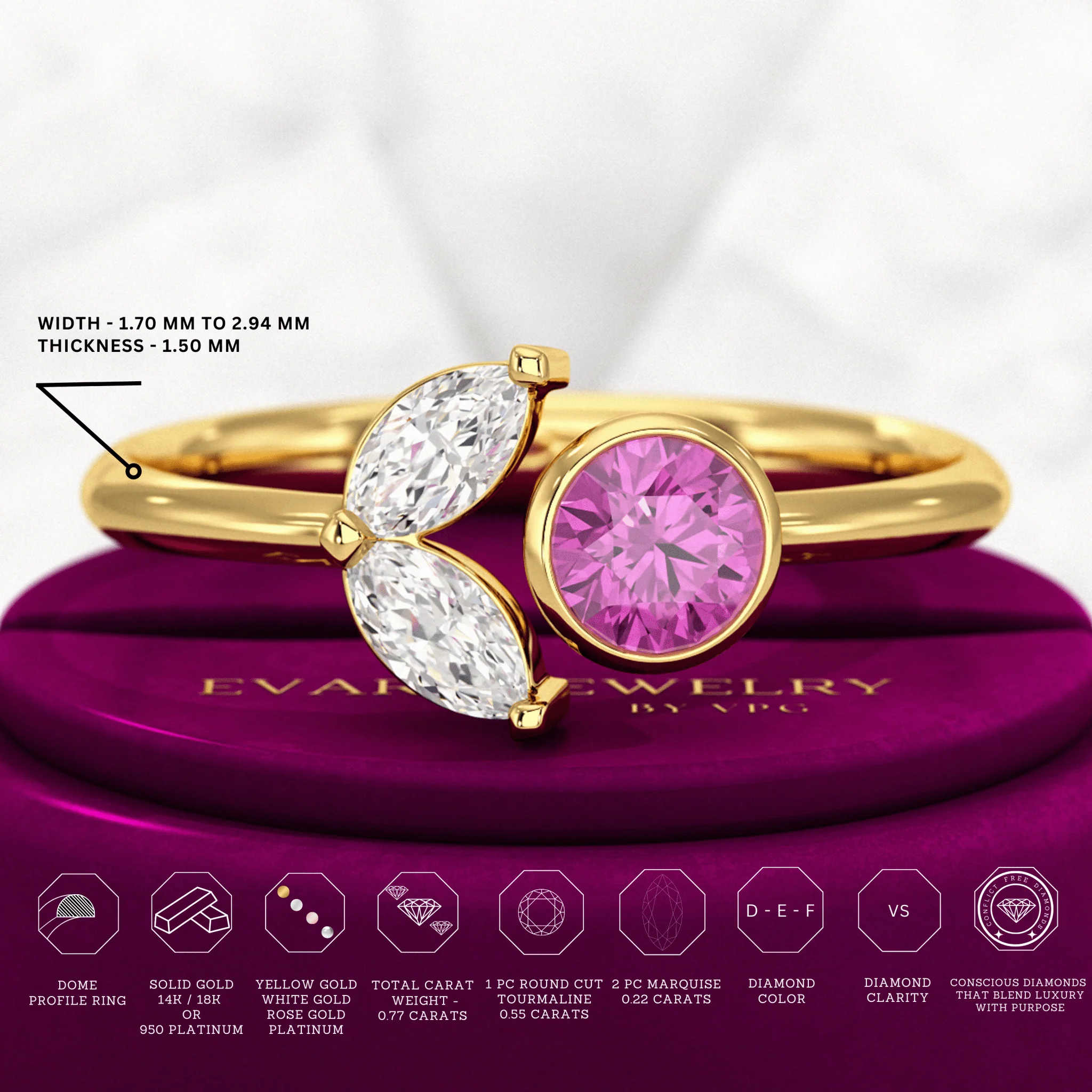 Pink Tourmaline & Diamond Wedding Stacking Front Open Ring - Image 3