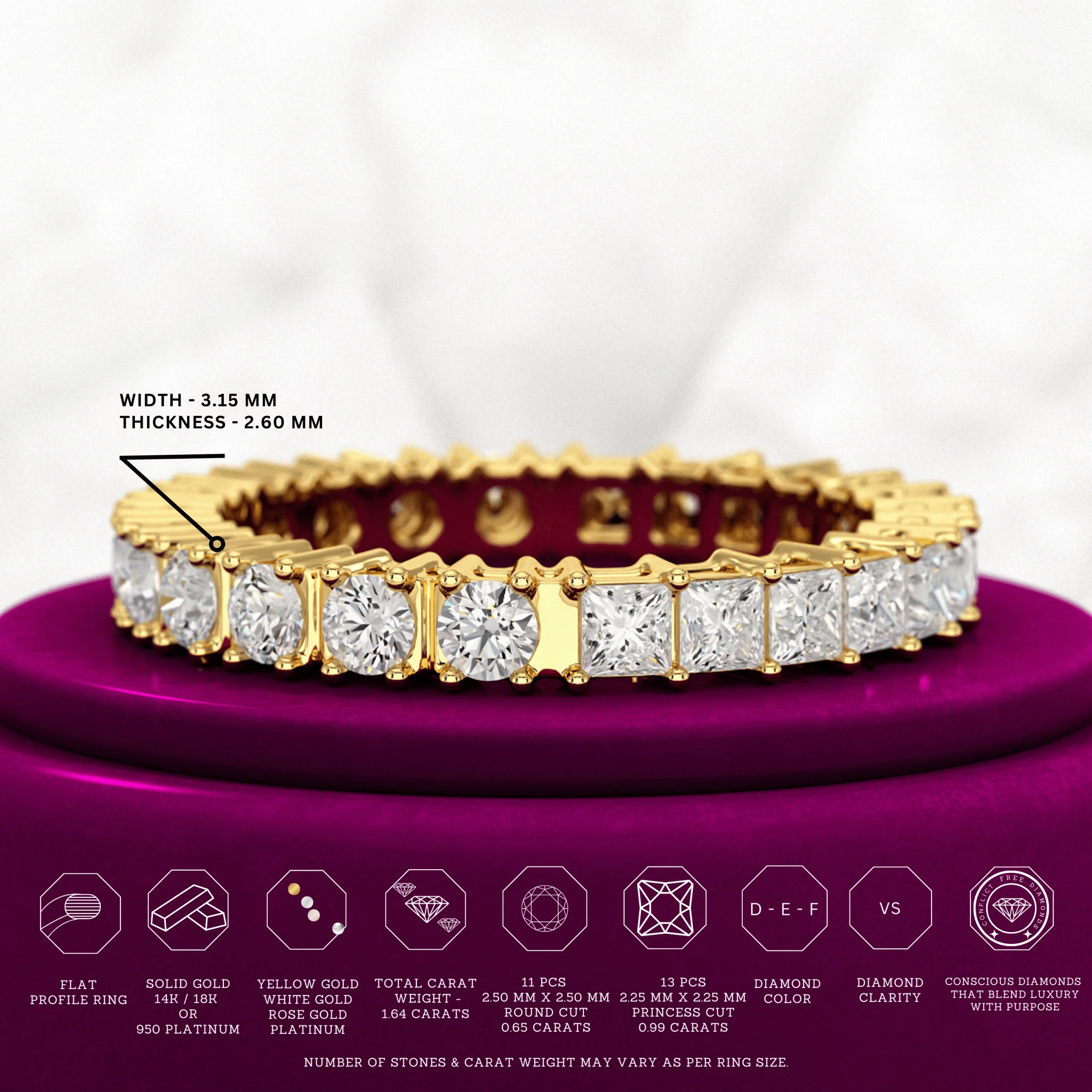 1.64 Carats Princess Cut & Round Cut Lab Grown Diamond 50-50 Eternity Band - Image 3